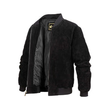 Load image into Gallery viewer, REED men&#39;s black baseball suede leather jacket with satin lining, ideal for all-season wear and classic style.
