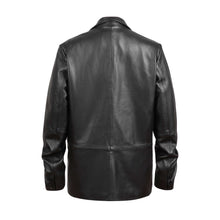 Load image into Gallery viewer, Back view of REED Men&#39;s Premium Lambskin Leather Blazer Sports Jacket, black color, showcasing high-quality soft-touch leather.
