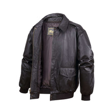 Load image into Gallery viewer, REED Men&#39;s Premium Leather Aviator Bomber Jacket, classic style, durable imported leather, front pockets, knit cuffs, black color.
