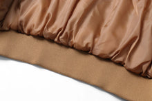 Load image into Gallery viewer, Close-up of the satin lining and hem of the REED Men&#39;s Baseball Suede Leather Jacket
