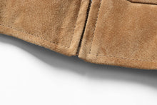 Load image into Gallery viewer, Close-up of genuine suede leather material from REED Men&#39;s Baseball Jacket, highlighting the soft supple texture and stitching detail.
