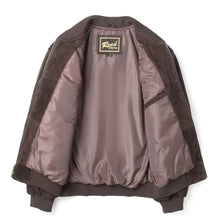 Load image into Gallery viewer, Open view of REED Men&#39;s Baseball Suede Leather Jacket with satin lining, showcasing its soft suede and durable design for all-season wear.
