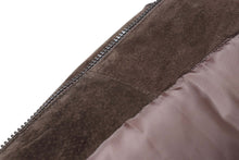 Load image into Gallery viewer, Close-up of REED Men&#39;s Baseball Suede Leather Jacket, highlighting imported suede and satin lining, perfect for all-season wear.
