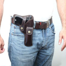 Load image into Gallery viewer, Cowhide Leather Universal Gun Holster Concealed Carry Pistol Holsters for right-handed use, shown worn on a man&#39;s waist with jeans.
