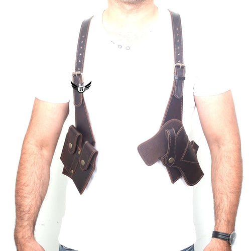 Cowhide Leather Vertical Concealed Holster Right and Left Handers Universal Size shown on model with white shirt.