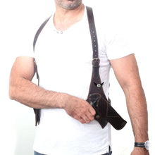 Load image into Gallery viewer, Cowhide Leather Vertical Concealed Holster Right and Left Handers Universal Size shown being worn
