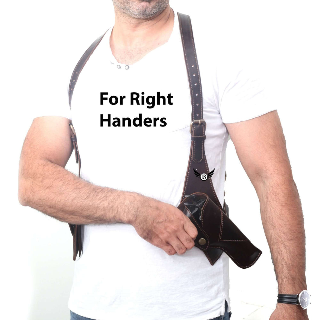 Cowhide Leather Vertical Concealed Holster Right and Left Handers Universal Size for right handers in use on shoulder