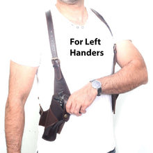 Load image into Gallery viewer, Man wearing Cowhide Leather Vertical Concealed Holster Right and Left Handers Universal Size, suitable for left handers.
