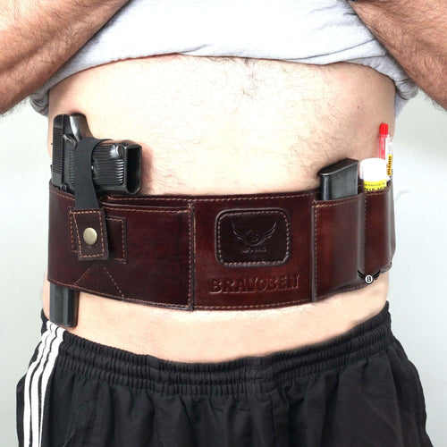 Cowhide Leather BRAVOBELT Belly Band Holster for Concealed Carry - Ambidextrous worn on a person showing holster features