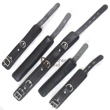 Load image into Gallery viewer, Real Cowhide Leather Wrist and Ankle Cuffs with Neck Collar Restraint Bondage Set Black 7 Piece Padded Cuffs with two connectors
