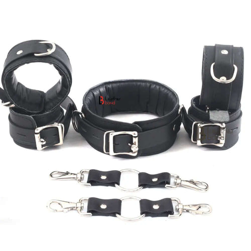 Real Cowhide Leather Wrist and Ankle Cuffs with Neck Collar Restraint Bondage Set Black 7 Piece Padded Cuffs with two connectors