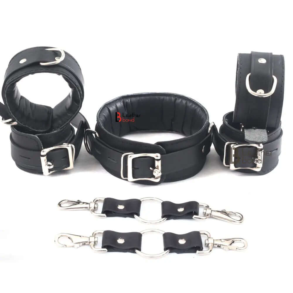Real Cowhide Leather Wrist and Ankle Cuffs with Neck Collar Restraint Bondage Set Black 7 Piece Padded Cuffs with two connectors