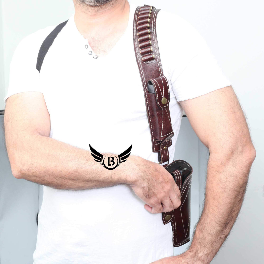 Man wearing Cowhide Leather Vertical Concealed Holster Right Handers Universal Size in brown leather