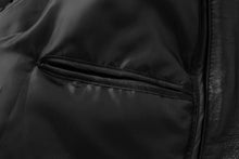 Load image into Gallery viewer, Interior pocket of REED Men&#39;s New Zealand lambskin leather jacket, showcasing smooth black lining and sleek design.
