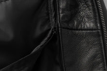 Load image into Gallery viewer, Close-up of black New Zealand lambskin leather jacket texture and zipper detail from REED.
