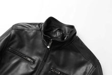 Load image into Gallery viewer, REED men&#39;s jacket in genuine lambskin leather with stand-up collar, front zip closure, and pockets. Stylish winter coat for men.
