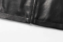 Load image into Gallery viewer, Close-up of a genuine lambskin leather jacket with a sleek black zipper, showcasing luxury and quality craftsmanship.
