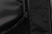 Load image into Gallery viewer, Close-up of inside pocket and zipper on black lambskin leather jacket
