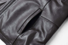 Load image into Gallery viewer, Close-up of REED men&#39;s lambskin leather jacket pocket, showcasing luxurious softness and premium quality craftsmanship.

