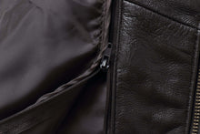 Load image into Gallery viewer, Close-up of REED men&#39;s jacket featuring genuine lambskin leather texture and front zip-up closure for timeless elegance.
