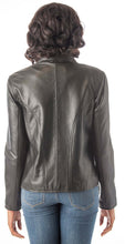 Load image into Gallery viewer, Back view of REED Women&#39;s Moto Leather Fashion Jacket in black genuine lamb leather, showcasing stylish design and soft texture.
