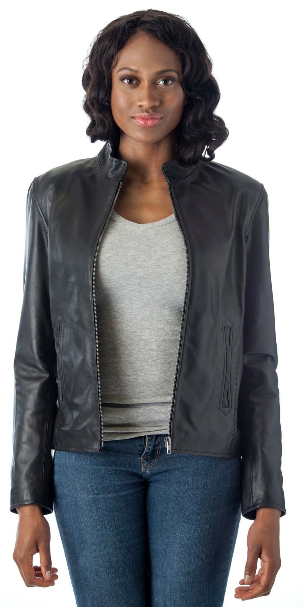Woman wearing REED Women's Moto Leather Fashion Jacket in black genuine lamb leather.