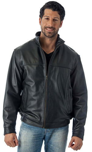 Stylish man wearing a black leather jacket, exuding confidence and casual elegance.