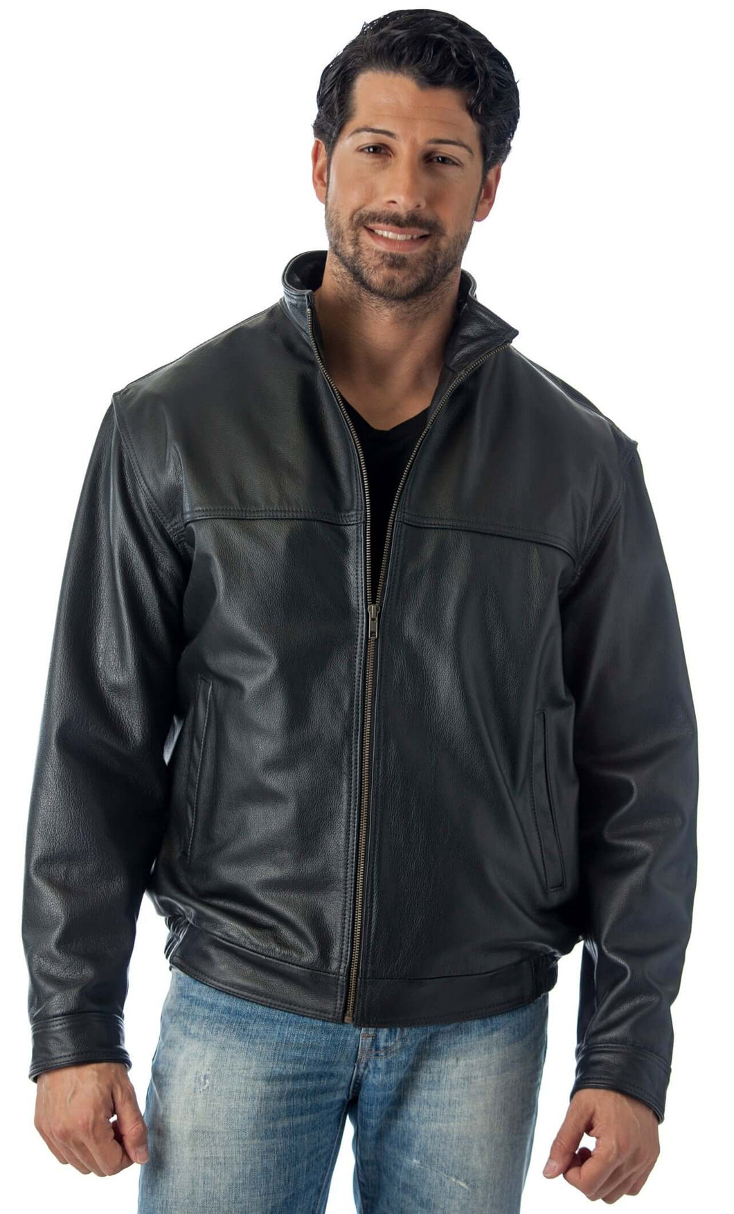 Stylish man wearing a black leather jacket, exuding confidence and casual elegance.