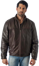 Load image into Gallery viewer, Man wearing a brown Winners Leather Jacket, union made in the USA, showcasing a stylish and rugged design.

