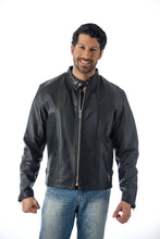 Load image into Gallery viewer, Man wearing REED Classic Motorcycle Leather Jacket, black full-grain leather, made in USA, showcasing durable and stylish design.
