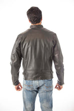 Load image into Gallery viewer, Back view of REED Classic Motorcycle Leather Jacket in black, made from durable naked cow leather, modeled by a man wearing jeans.

