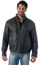 Load image into Gallery viewer, Contemporary stand up collar leather jacket, Reed Classic Men&#39;s Fit, with contrast stitching, worn by a model, front view.

