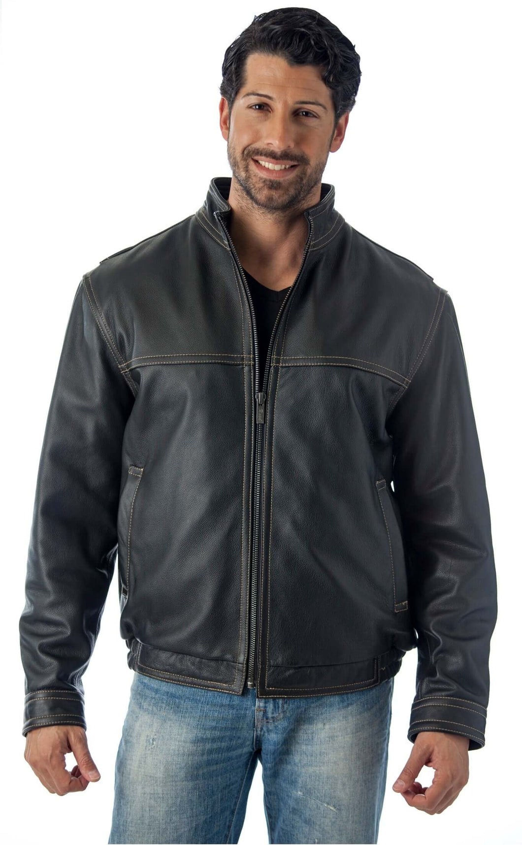 Contemporary stand up collar leather jacket, Reed Classic Men's Fit, with contrast stitching, worn by a model, front view.