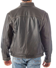Load image into Gallery viewer, Back view of men&#39;s contemporary stand up collar leather jacket, contrast stitched, durable naked cow leather style.
