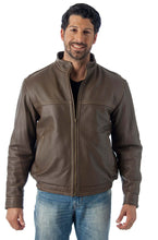 Load image into Gallery viewer, Man wearing a contemporary brown leather jacket with stand up collar and contrast stitching, showcasing stylish, classic men&#39;s fit.
