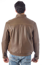 Load image into Gallery viewer, Back view of a man wearing a contemporary stand-up collar leather jacket in brown, showcasing high-quality craftsmanship.
