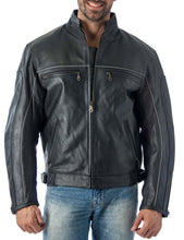 Load image into Gallery viewer, Black vented leather motorcycle jacket with light reflector, worn by a model. Features air vents and adjustable straps for comfort and safety.
