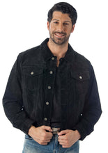 Load image into Gallery viewer, REED Men&#39;s Western Suede Leather Shirt Jacket, black jean style, worn by smiling model, showcasing premium craftsmanship.
