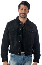 Load image into Gallery viewer, Man wearing REED Men&#39;s Western Jean Style Suede Leather Shirt Jacket, black suede with button closure, imported fashion.
