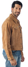 Load image into Gallery viewer, Man wearing REED Men&#39;s Western Jean Style Suede Leather Shirt Jacket, showcasing sleek design and soft suede texture, ideal for fall fashion.
