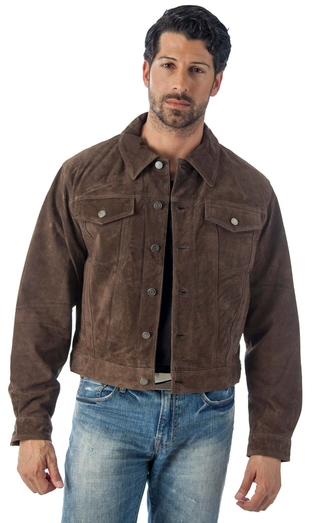 REED Men's Western Jean Style Suede Leather Shirt Jacket, rich brown, button-up front, and chest pockets, worn by male model in blue jeans