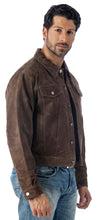 Load image into Gallery viewer, Model wearing REED Men&#39;s Western Jean Style Suede Leather Shirt Jacket, showcasing a sleek and sophisticated masculine look.
