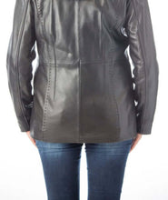 Load image into Gallery viewer, Back view of black Women&#39;s 28&quot; jacket with fox trimmed detachable hood and braided leather trim

