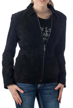Load image into Gallery viewer, Women&#39;s genuine suede leather fashion jacket by REED, black, featuring satin lining and soft durable touch, imported design.
