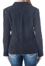 Load image into Gallery viewer, Alt Tag: Women&#39;s genuine suede leather fashion jacket by REED, soft and durable, with satin lining, shown from the back.

