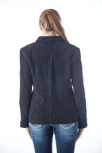 Load image into Gallery viewer, Back view of Women&#39;s Genuine Suede Leather Fashion Jacket by REED, featuring premium black suede with a soft, durable touch and satin lining.
