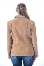 Load image into Gallery viewer, Back view of women&#39;s genuine suede leather fashion jacket - imported, soft suede, durable 25&#39;&#39; length, REED brand.

