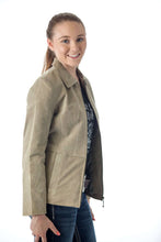 Load image into Gallery viewer, Woman wearing REED Women&#39;s Genuine Suede Leather Fashion Jacket with satin lining, showcasing stylish and durable suede fabric in an elegant design.
