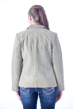 Load image into Gallery viewer, Back view of a woman&#39;s grey suede leather jacket by REED, showing the elegant design and premium material
