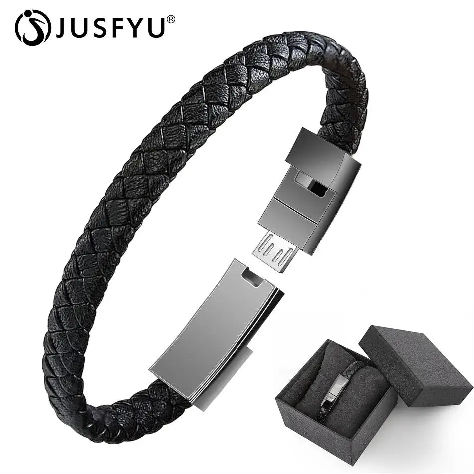 Leather Mini Micro USB Bracelet Charger in black, blending style with technology. Perfect for on-the-go charging. Comes with gift packaging.